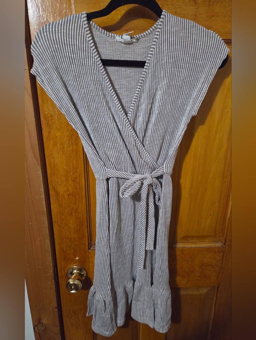 Caution To The Wind Tan & White Striped Wrap One-Piece with Waist Tie